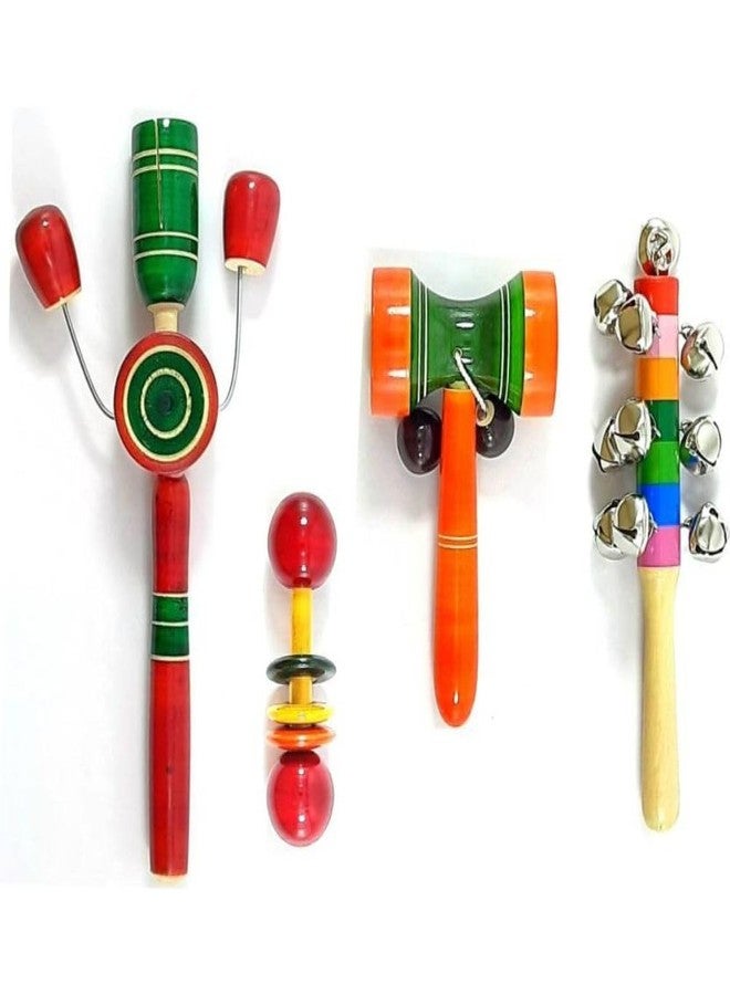 Little Mind Wooden Rattle Set for New Born Bay Baby (TIK TIK, Damura, Dumbles,10 Bell Rattle) Pack of 4 Multi Colour - Image 1